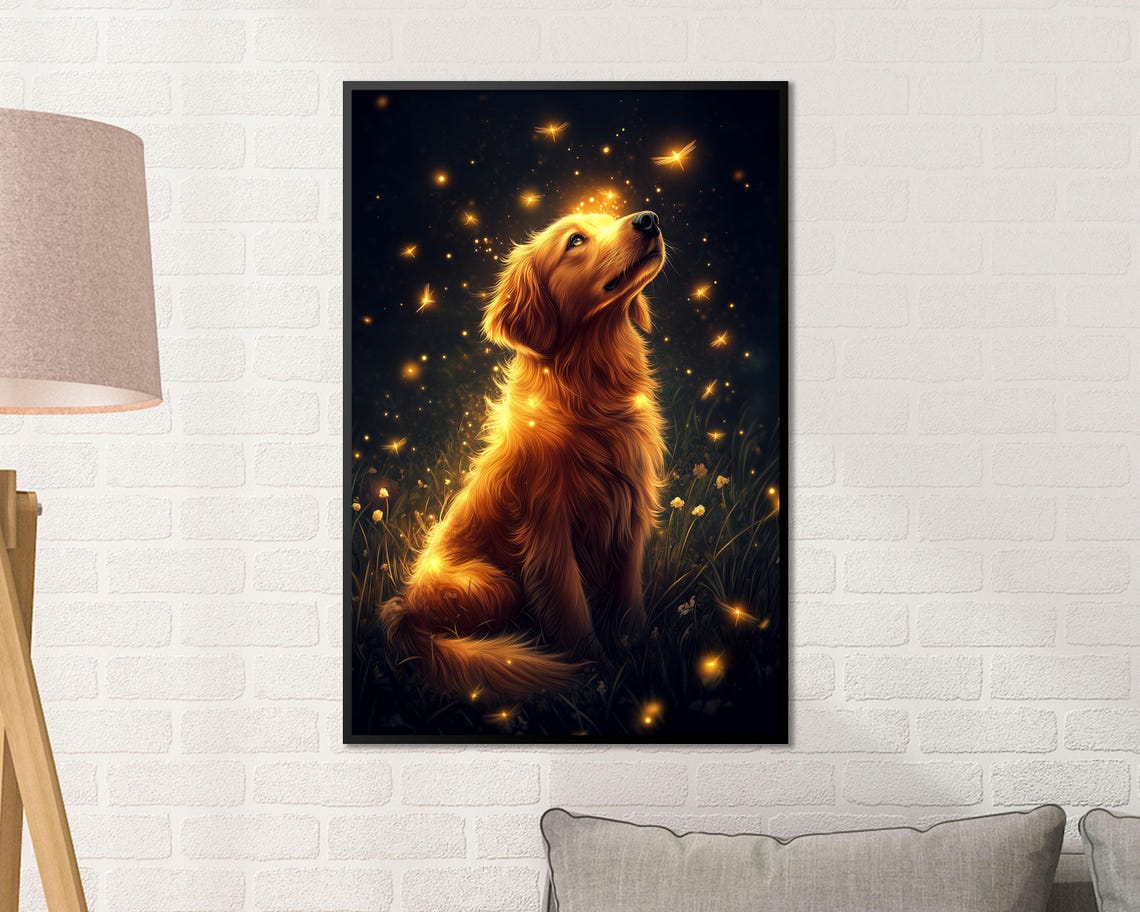 Golden Retriever Watching Fireflies Magical Night Sky Wall Art - Image 4
