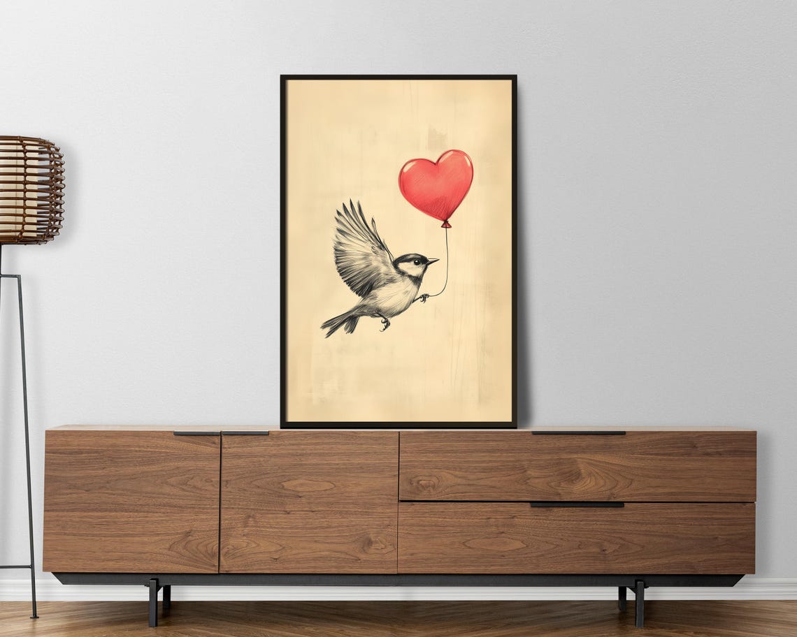Flying Sketch Bird Carrying Red Heart Balloon Romantic Wall Art - Image 5