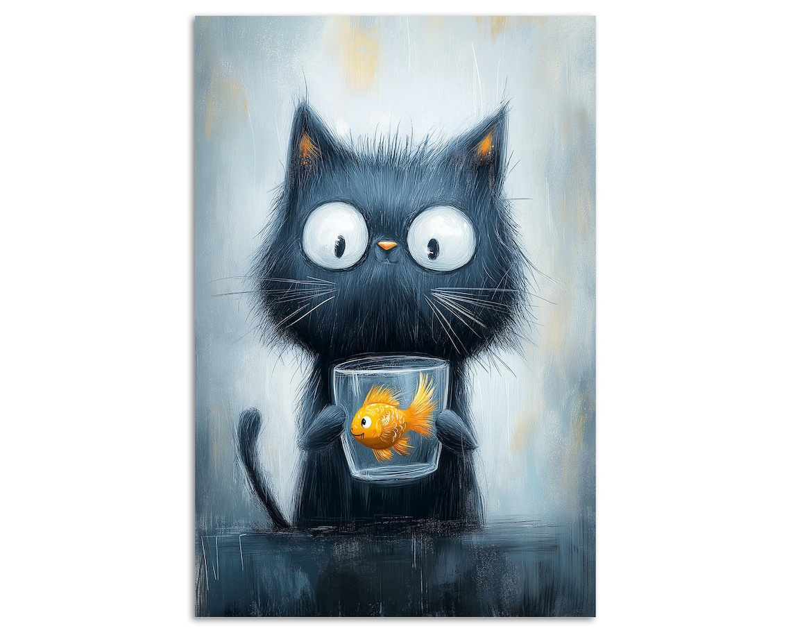 Big Eyed Black Cat Holding Goldfish Bowl Funny Kitchen Wall Art - Image 8