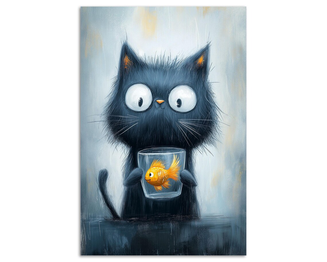 Mischievous Black Kitten Holding Goldfish Bowl Cute Cat Art Poster - Image 5
