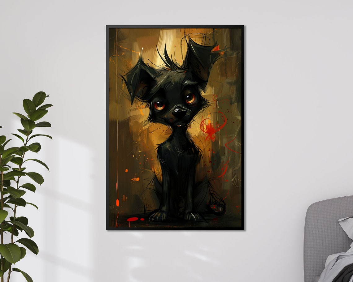 Expressive Black Puppy Big Eyes Quirky Painterly Pet Art Poster - Image 4