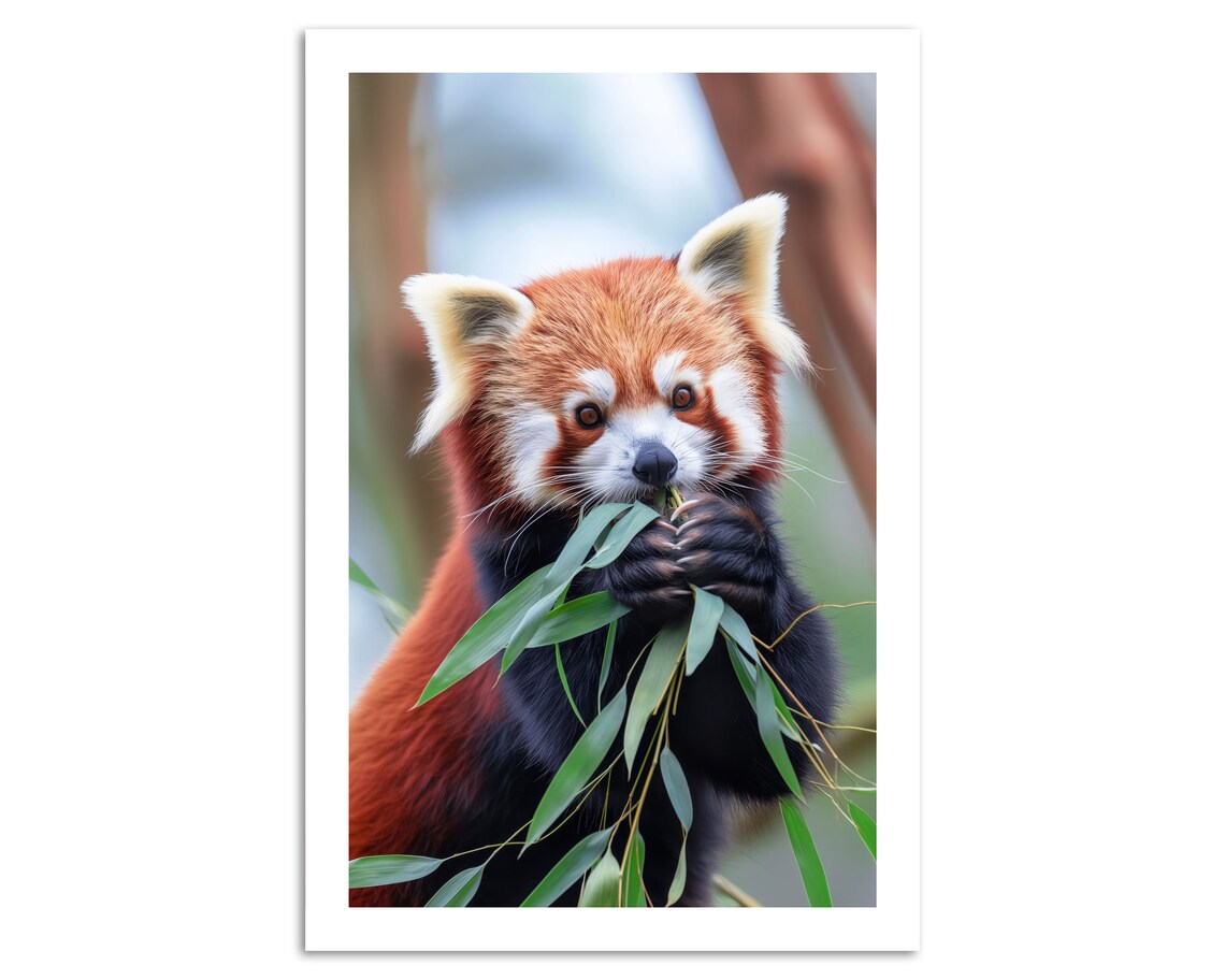 Cute Red Panda Eating Bamboo Close Up Wildlife Photography Wall Poster - Image 4