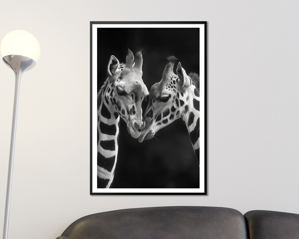 Tender Giraffe Pair Embrace Black And White Dramatic Wildlife Art Poster