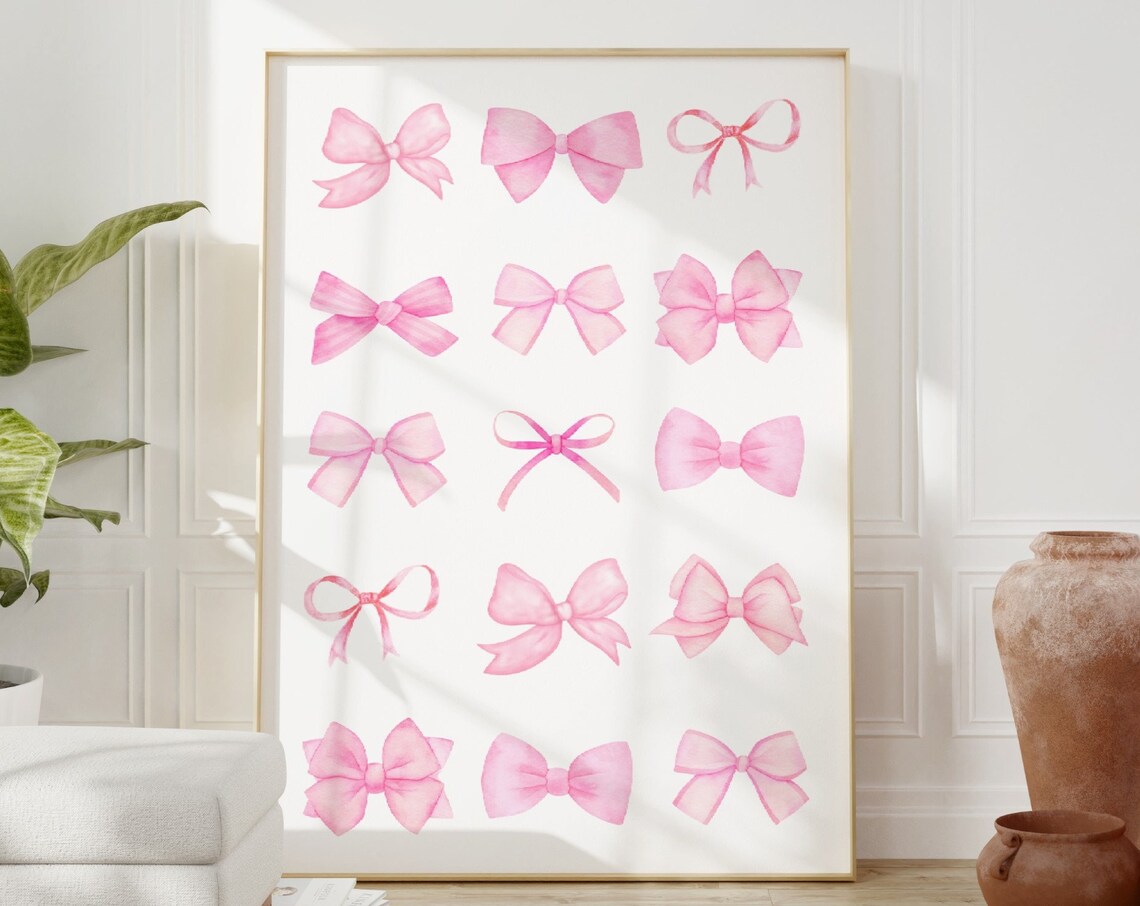 Pink Watercolor Bow Collection Grid Fifteen Bows Preppy Girls Wall Art