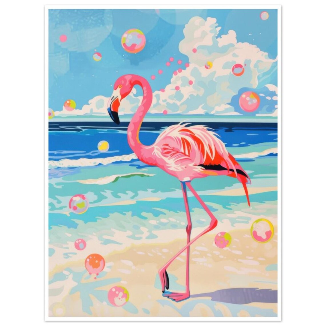 Pink Flamingo Beach Bubbles Tropical Flamingo Ocean Art Print - Image 3