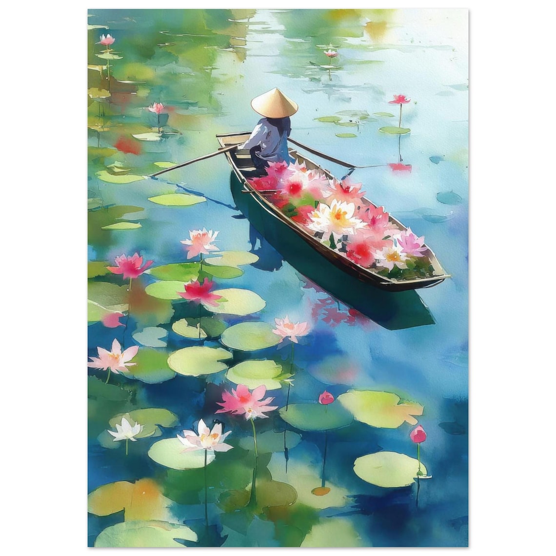 Vietnam Lotus Pond Watercolor Boat and Blossoms Asian Art Poster