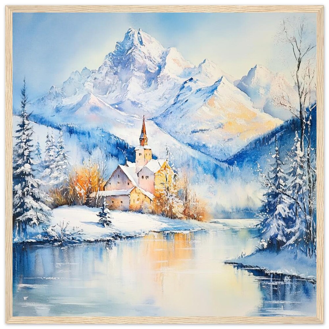 Alps Winter Watercolor Church by Lake Under Snowy Peaks Poster