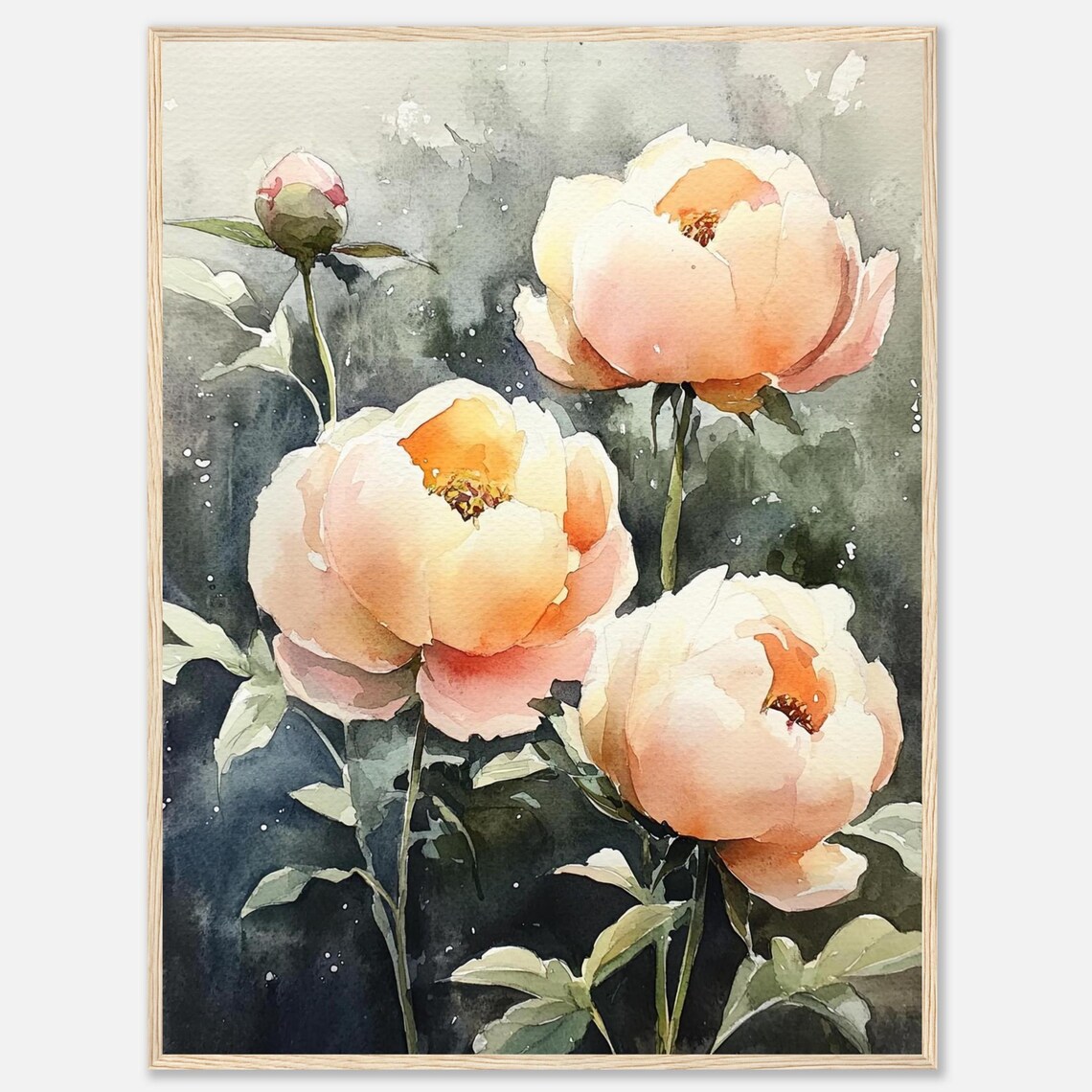 Apricot Peonies Watercolor Dark Green Botanical Floral Bloom Print