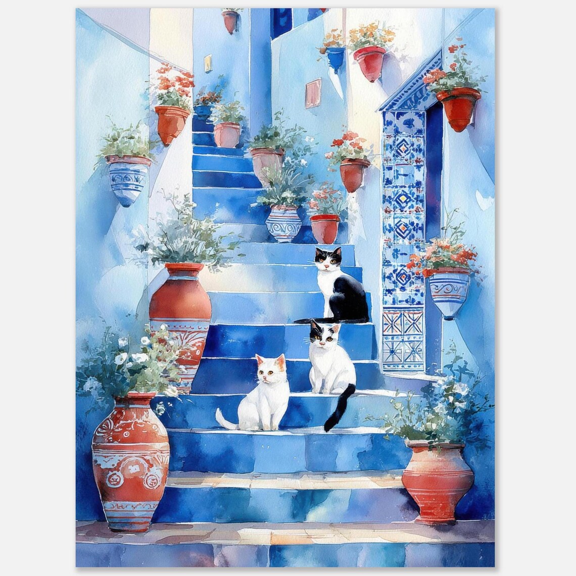 Moroccan Cats on Blue Stairs Watercolor Art Print