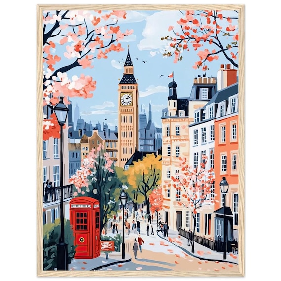 London in Spring Watercolor Big Ben Cherry Blossom Cityscape Art Poster