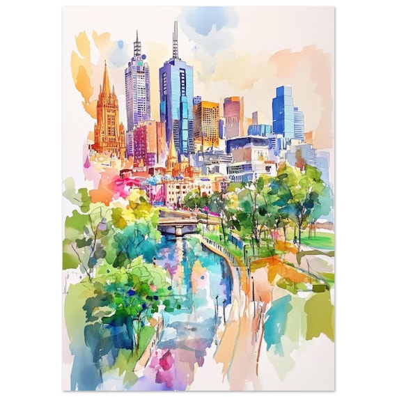 Melbourne Skyline Yarra River Watercolor Australia City Print