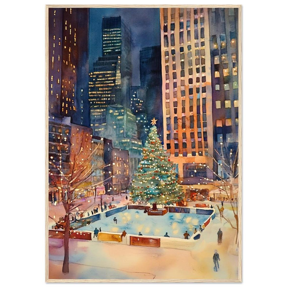 Rockefeller Center Christmas Tree Night Watercolor Cityscape Poster