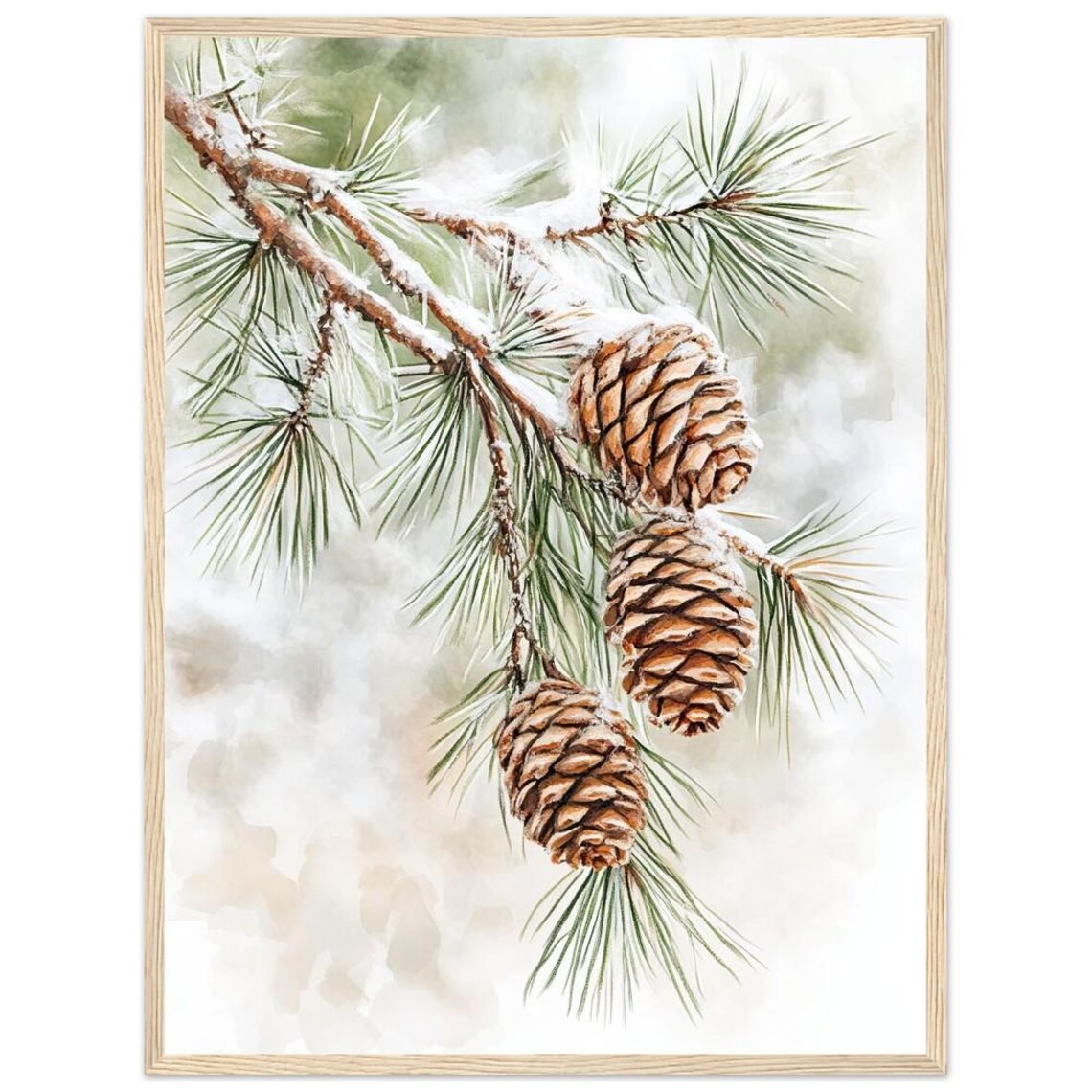 Pine Branches Watercolor Art Print, Winter Nature Scene