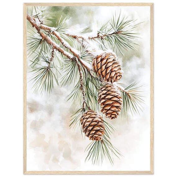 Pine Branches Watercolor Art Print, Winter Nature Scene