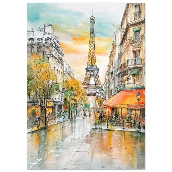 Paris Eiffel Tower Watercolor Art Print, Parisian Street