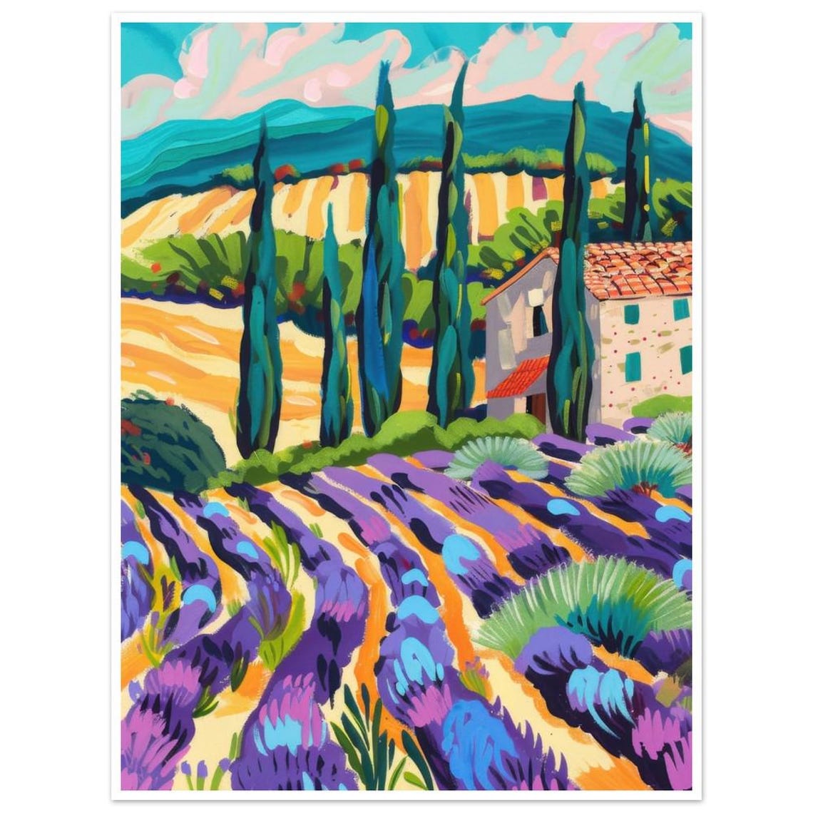 Provence Lavender Fields Cypress Trees Stone Farmhouse Art Poster