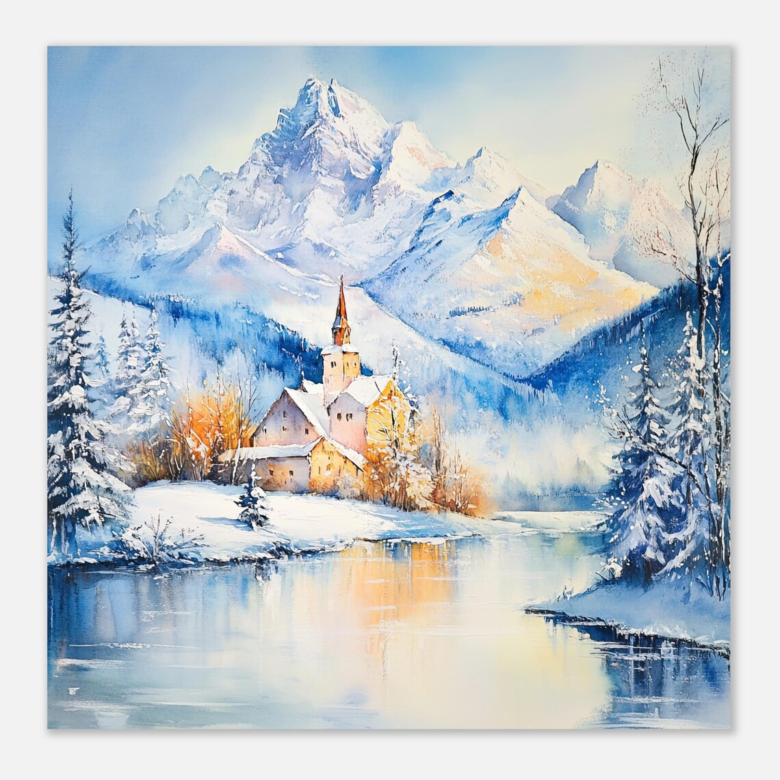 Alps Winter Watercolor Church by Lake Under Snowy Peaks Poster - Image 3