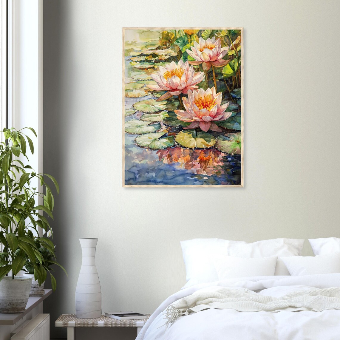 Pink Water Lily Pond Reflections Watercolor Floral Art Print - Image 2