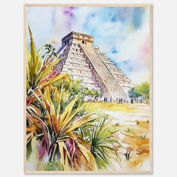Chichen Itza El Castillo Pyramid Watercolor Mayan Temple Poster