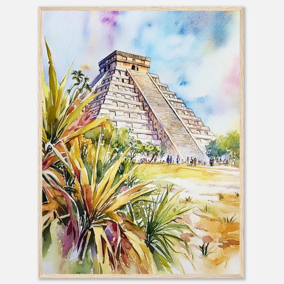 Kukulcn Pyramid Watercolor Print El Castillo Chichen Itza Mexico Art Ancient Mayan Temple Wall Travel Artwork By Nataliaayuart