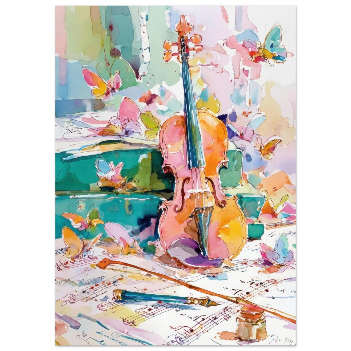 Colorful Violin and Butterflies on Sheet Music Watercolor Art Poster