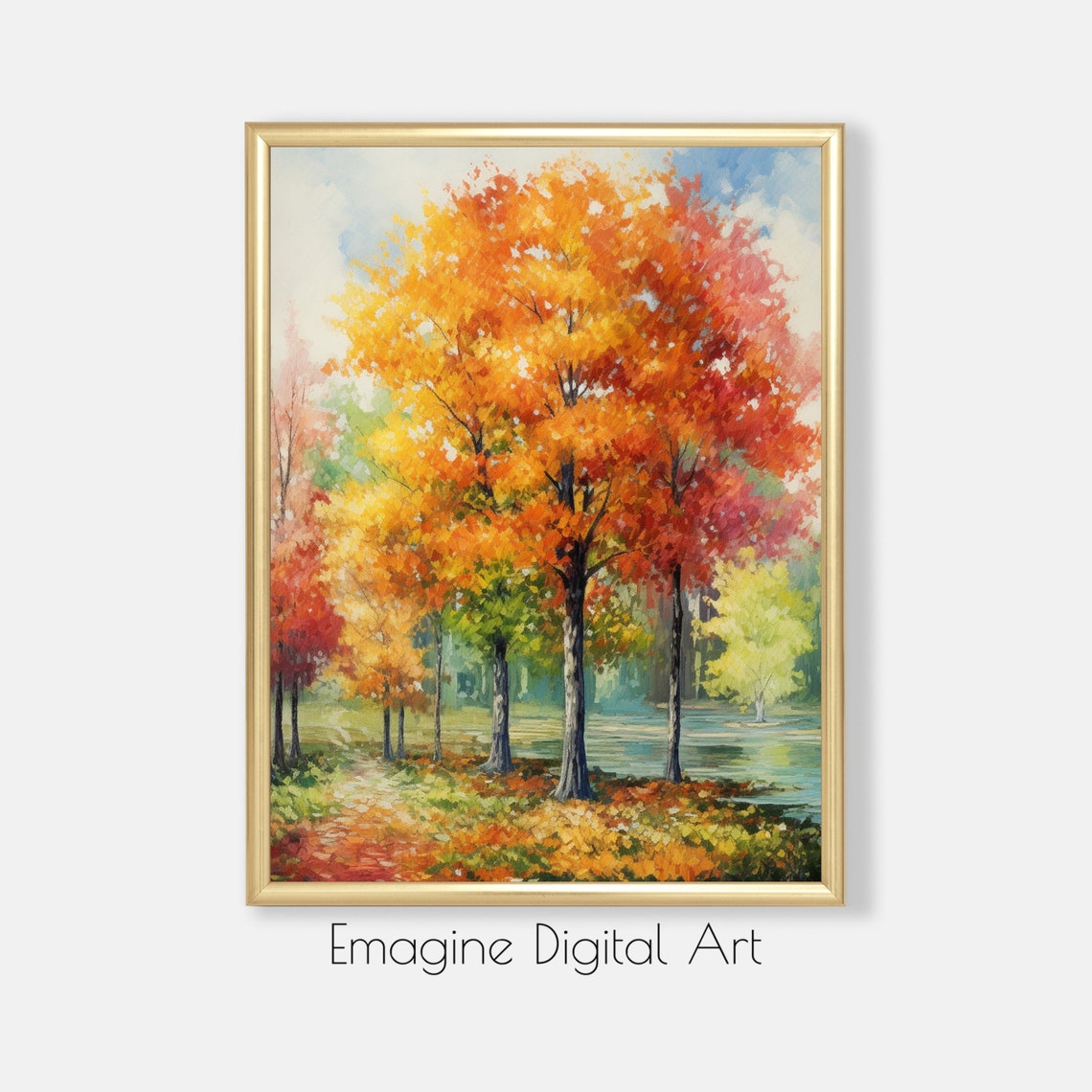 Art Sugar Maple Trees In Autumn Watercolor Painting Fall Leaves To Instantly Print And Frame Ls68