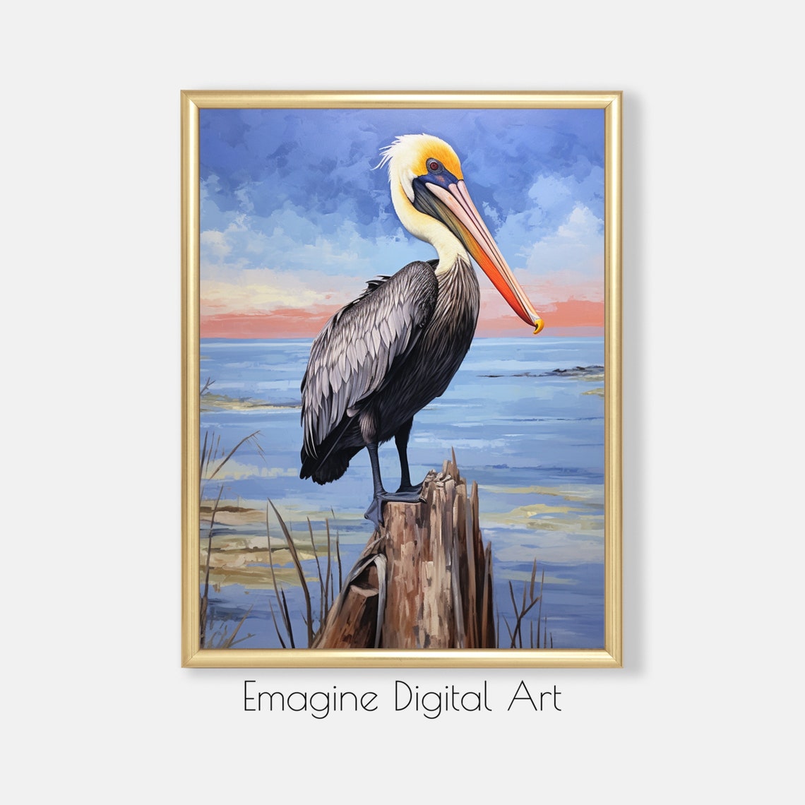 Brown Pelican Perched on Post at Sunset Coastal Bird Painting Poster