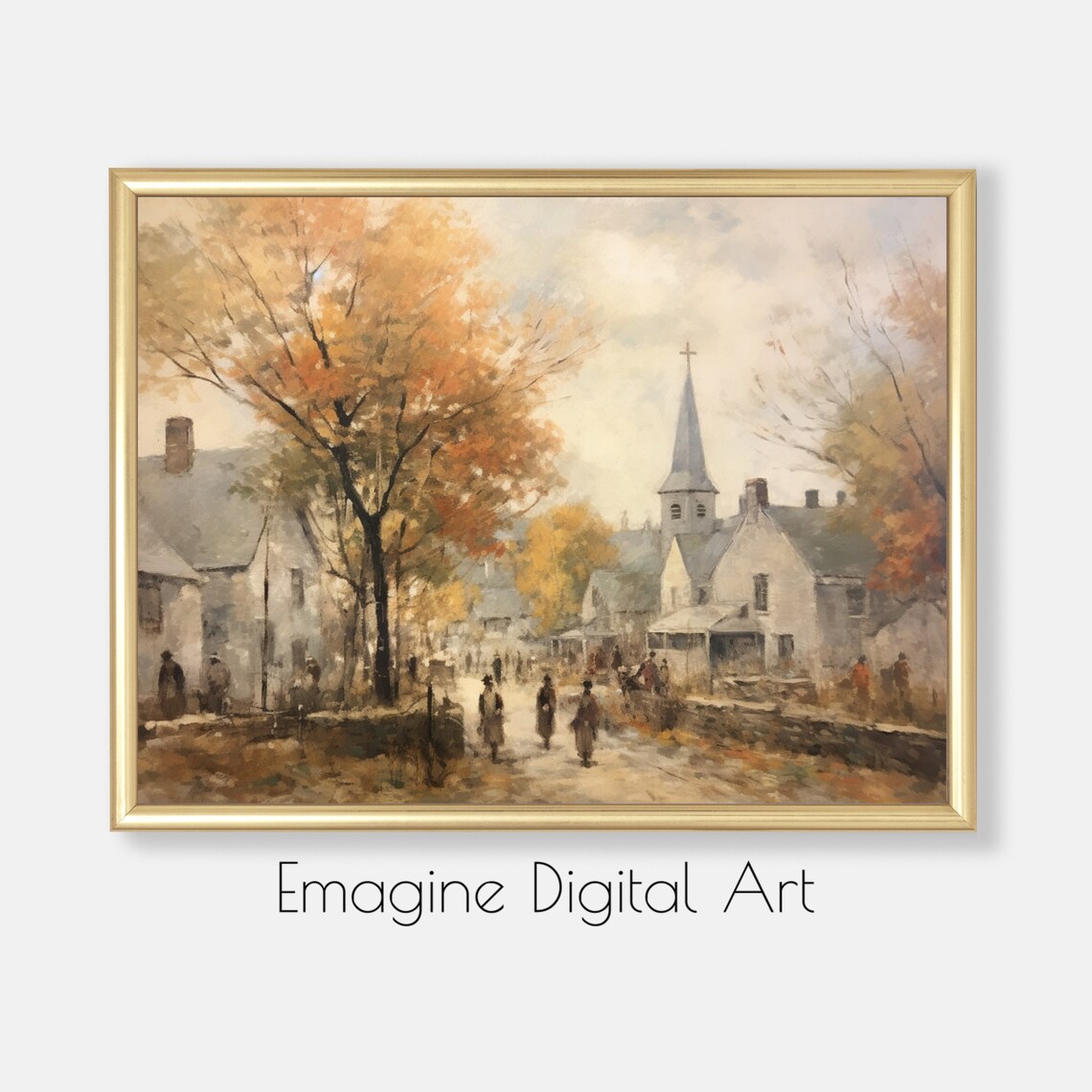 Fall Autumn New England Village Church Vintage Painting Art Poster