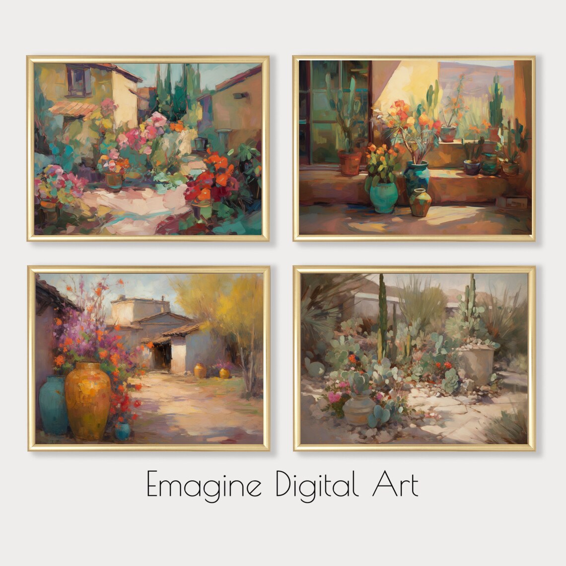 Set of 4 Southwest Pottery Desert Cactus Scenes Impressionist Art Poster