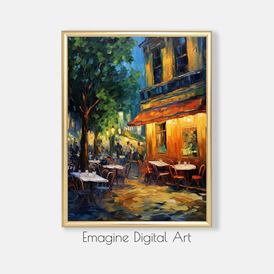 Parisian Cafe at Night Golden Lamplight Terrace Impressionist Poster Art