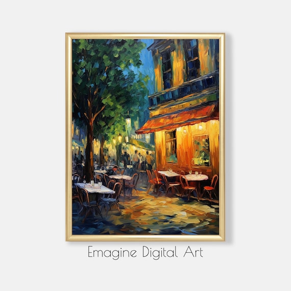 Parisian Cafe at Night Golden Lamplight Terrace Impressionist Poster Art