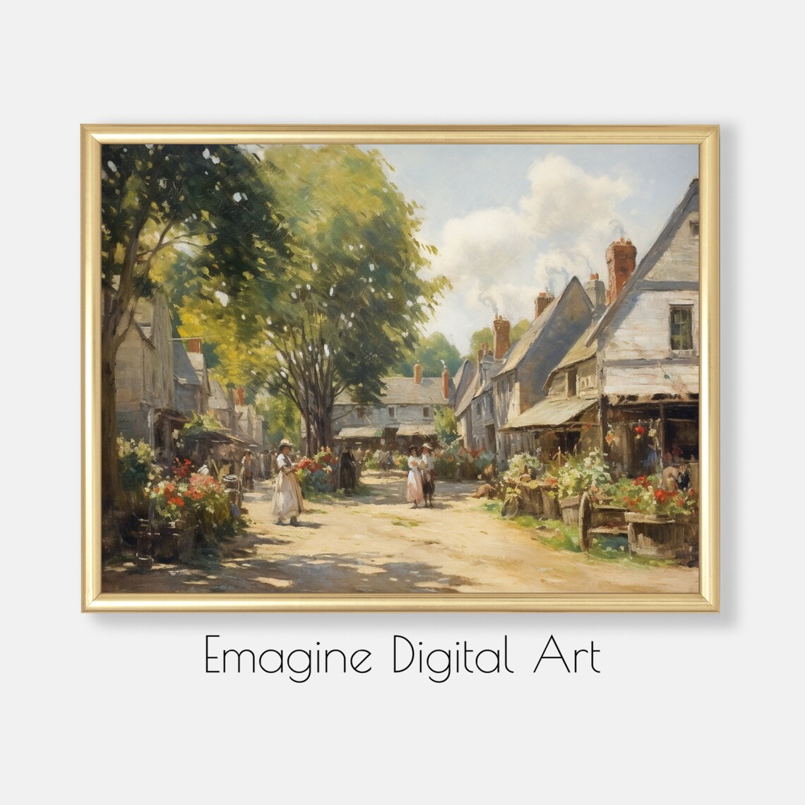 Vintage New England Village Painting Poster Colonial Street Floral Market