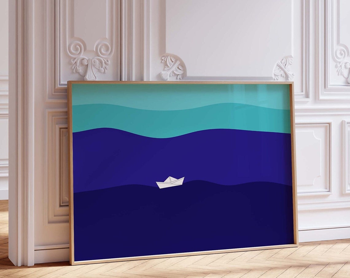 Minimalist Paper Boat on Blue Waves Modern Ocean Artwork Poster