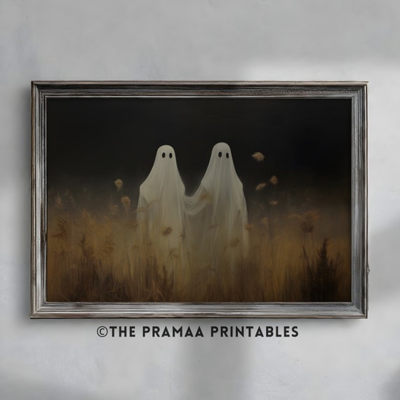 Cute Ghosts In Field Wall Art Vintage Halloween Landscape Oil Painting Antique Dark Academia Print Farmhouse Decor Hw07