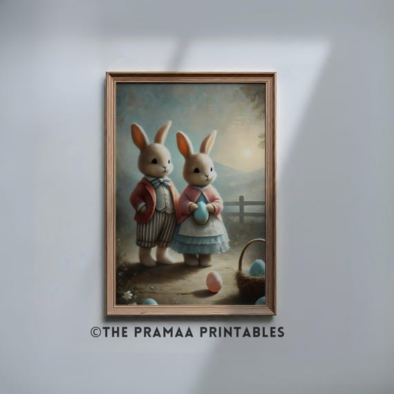 Vintage Easter Bunny Art Print Cute Rabbit Couple Painting Pastel Spring Wall Decor Rustic Woodland Nursery Wall Art Ew19