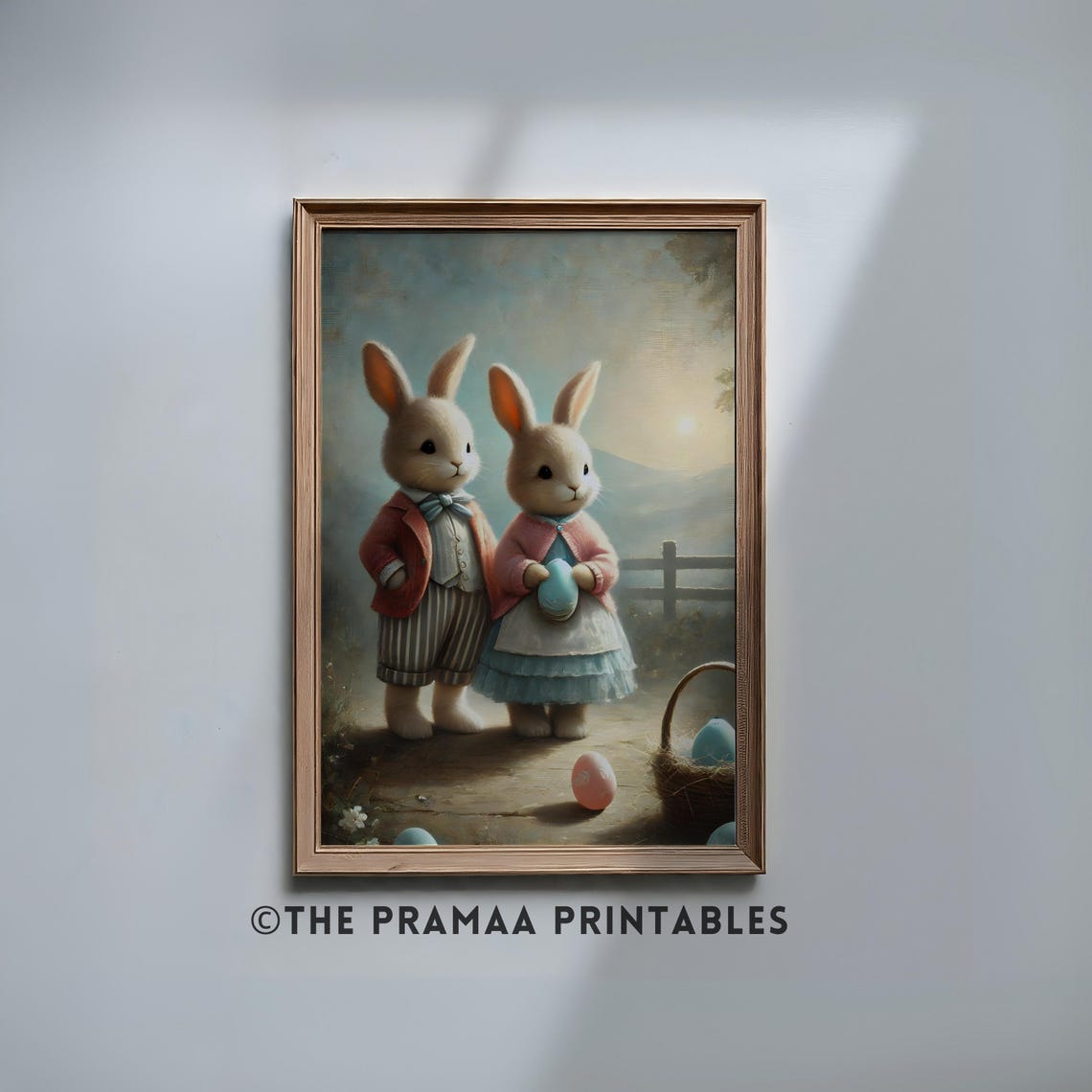 Vintage Easter Bunny Art Print Cute Rabbit Couple Painting Pastel Spring Wall Decor Rustic Woodland Nursery Wall Art Ew19