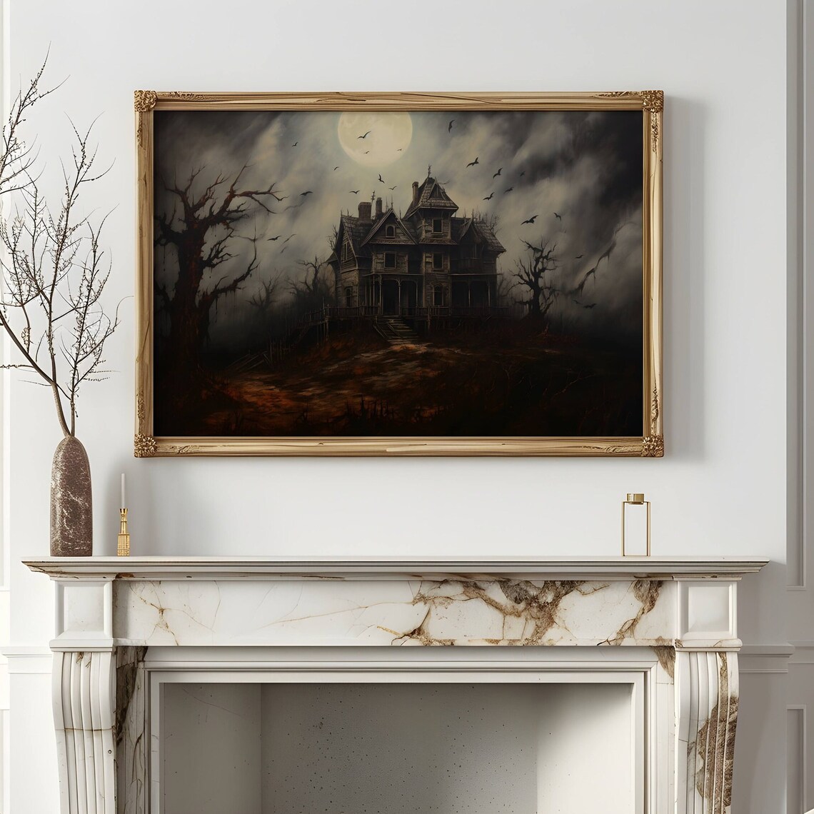Haunted Victorian Mansion Full Moon Night Crows Spooky Poster - Image 3