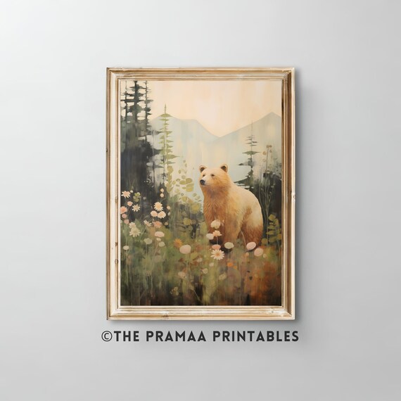 Bear Among Daisies with Mountain Pines Vintage Wildlife Poster