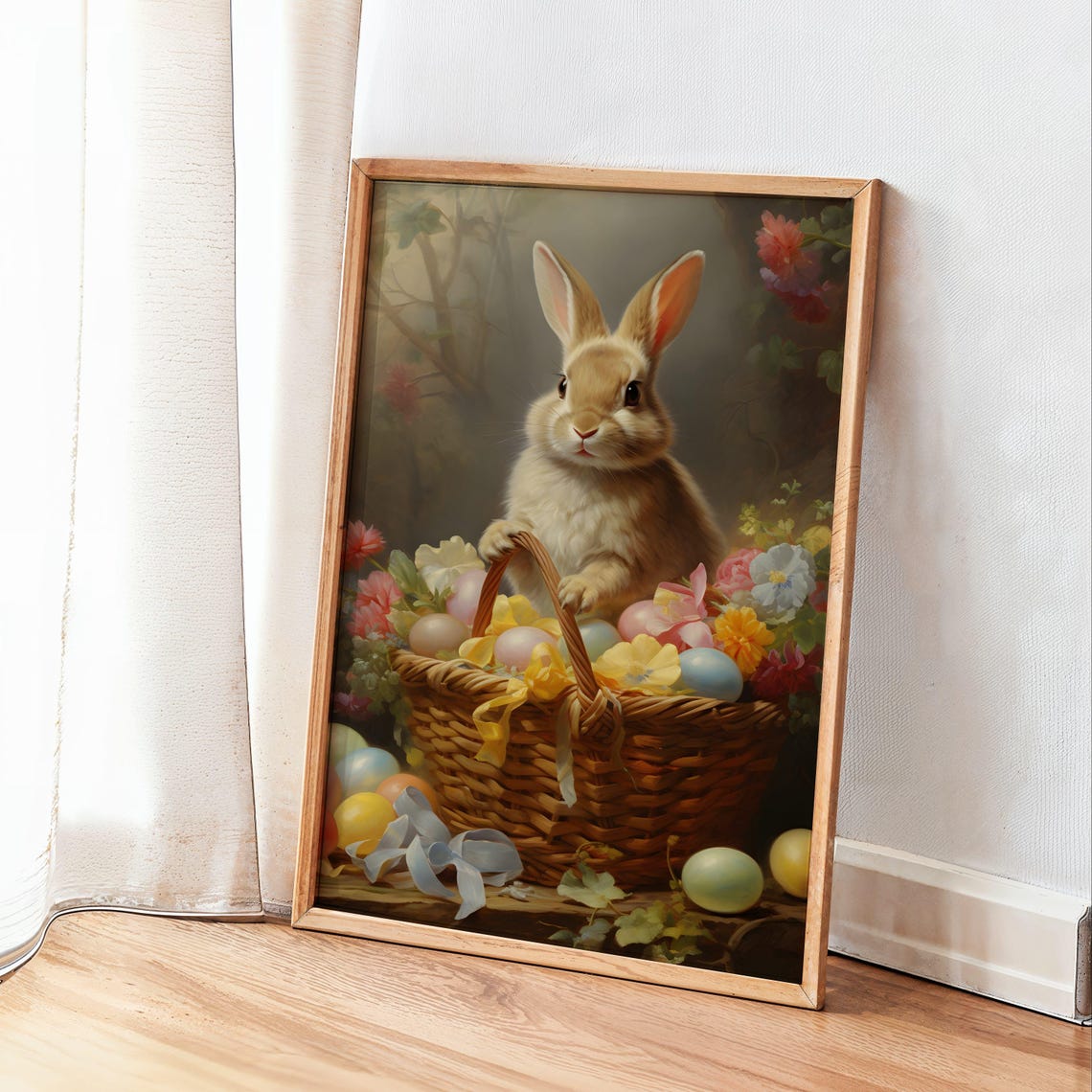 Easter Bunny With Basket Of Eggs Vintage Spring Painting Poster - Image 3
