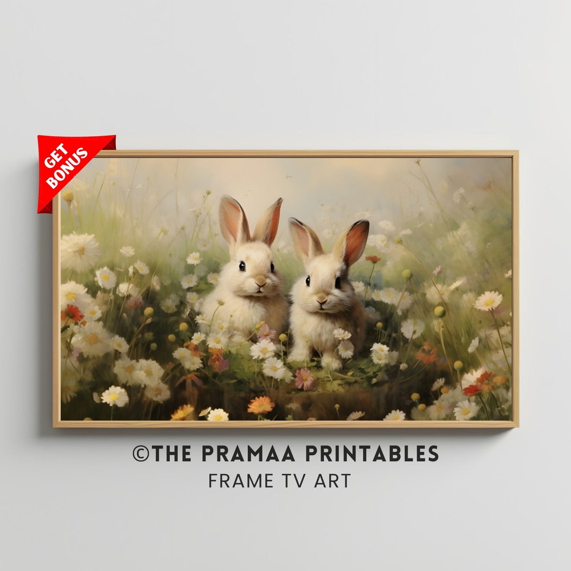 Two White Bunnies in Daisy Field Vintage Spring Rabbit Poster