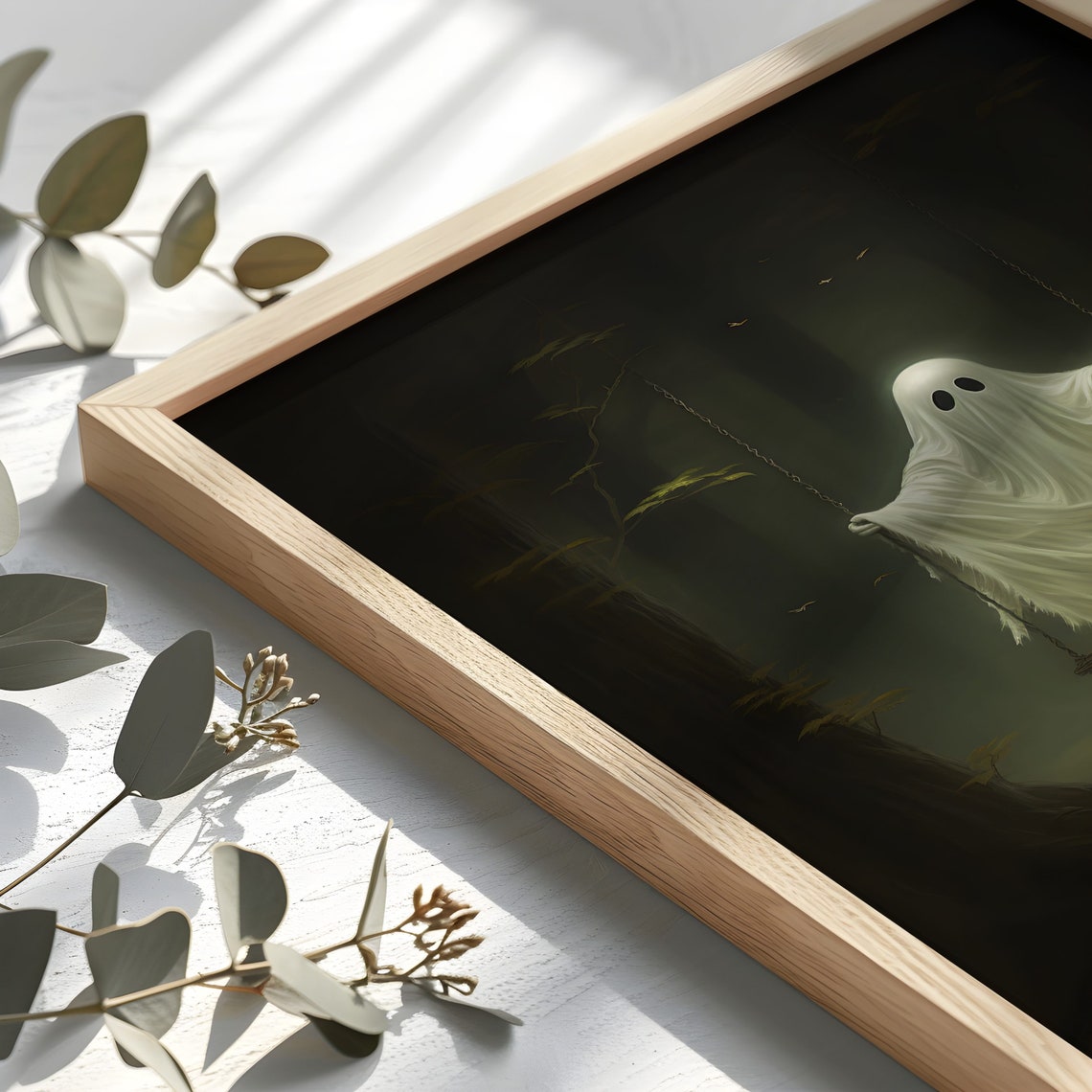 Ghost on Swing in Dark Forest Spooky Cute Halloween Painting Poster - Image 2