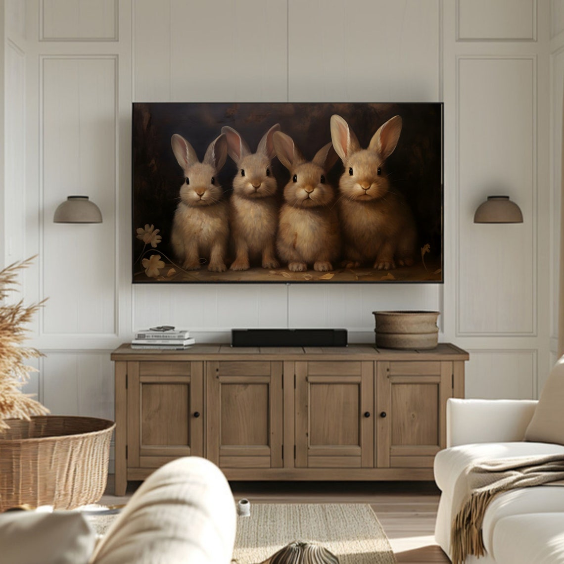 Four Bunnies in Dark Moody Night Vintage Rabbit Painting Poster - Image 3