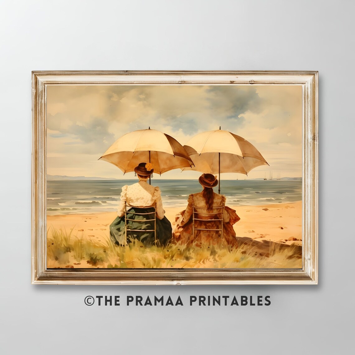 Women On Beach Antique Painting Vintage Seaside Nautical Seascape Summer Print Coastal Wall Art Victorian Woman Portrait