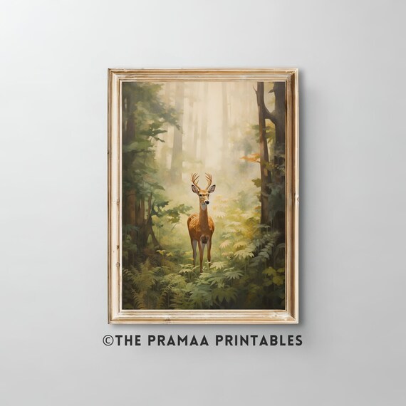 Deer Buck Sunlit Forest Ferns Wildlife Vintage Woodland Poster