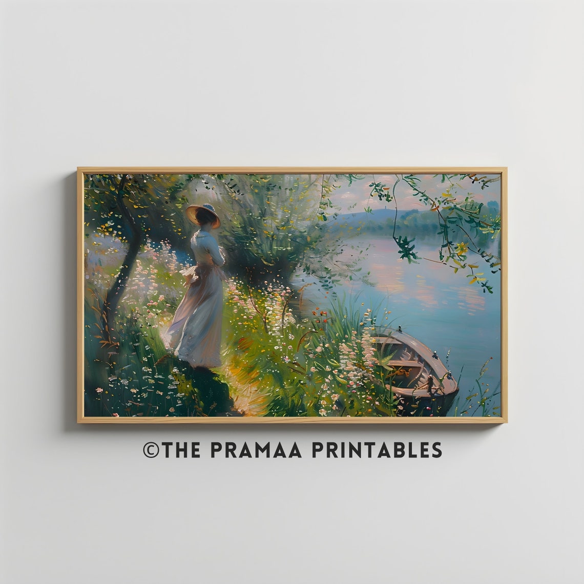 Woman in Straw Hat by River with Boat Vintage Impressionist Poster - Image 2