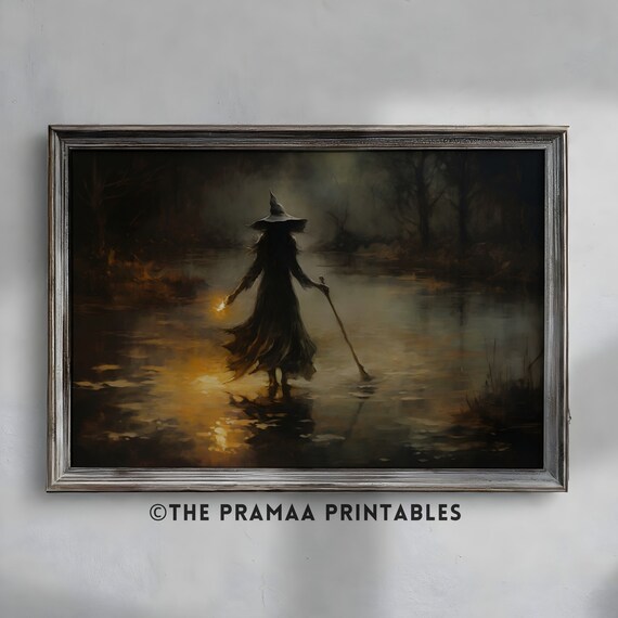 Witch Wading Misty Marsh Night Lantern Vintage Oil Painting Poster