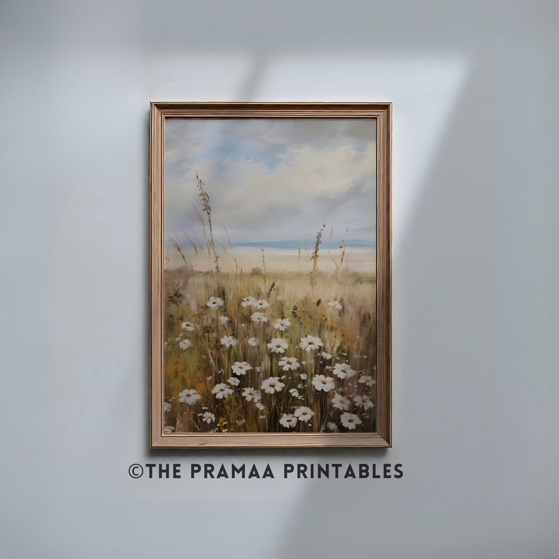 White Daisy Wildflower Meadow Pastel Sunset Sky Vintage Wall Art