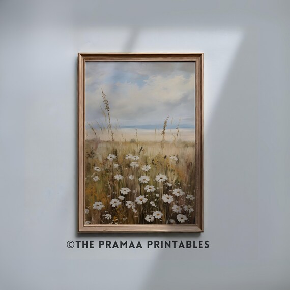White Daisy Wildflower Meadow Pastel Sunset Sky Vintage Wall Art