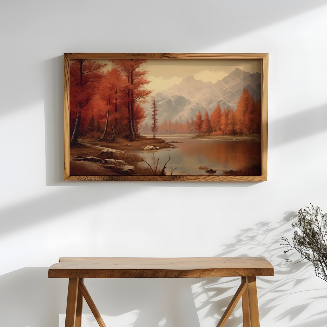 Autumn Lake with Red Trees and Mountains Vintage Landscape Poster - Image 2