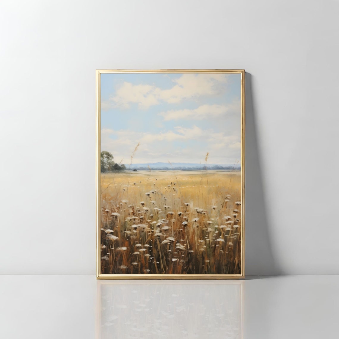 Golden Wheat Field Wildflowers Sunset Impressionist Painting Wall Art - Image 2